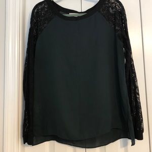 LOFT green and black lace long sleeve blouse